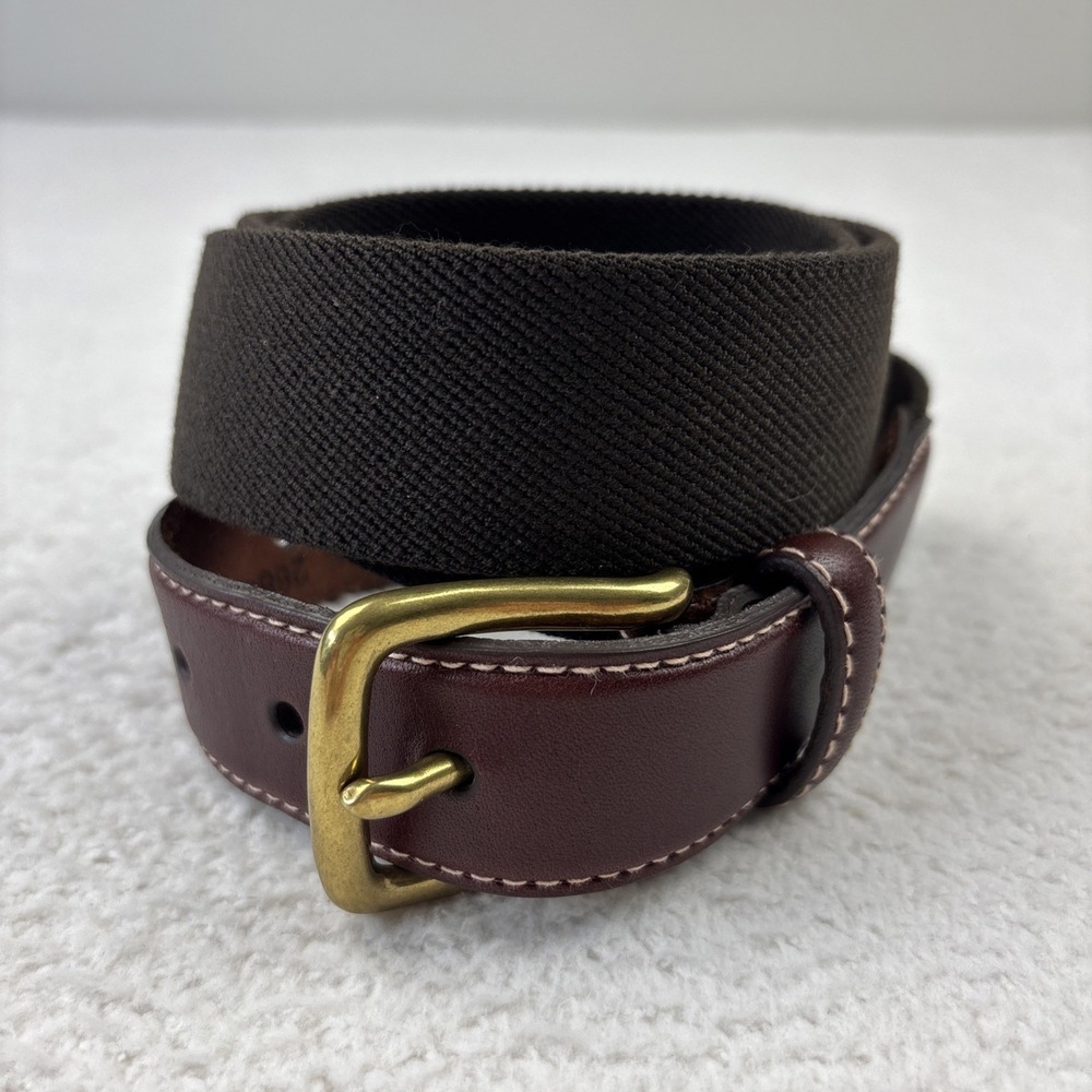 NEW LL BEAN‎ Mens Canvas Leather Waist Belt Size 44 Dark Brown Gold Brass Buckle